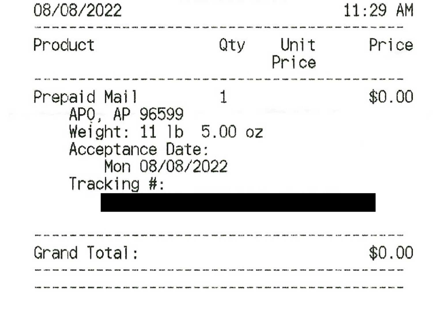 Dropoff receipt